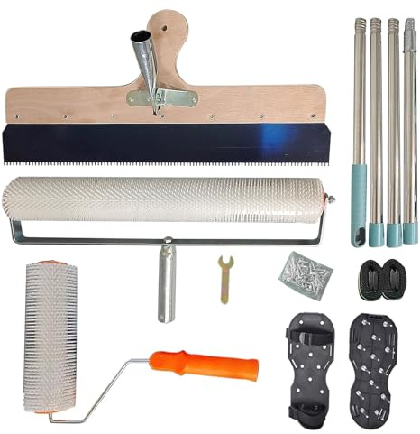 Self-Levelling Cement Tool Kit, Epoxy Floor Paint Tool with Removable 1.6m Long Extended Handle, Wooden Scraper, Spiked Roller, Spiked Shoes, Floor Leveling Tools