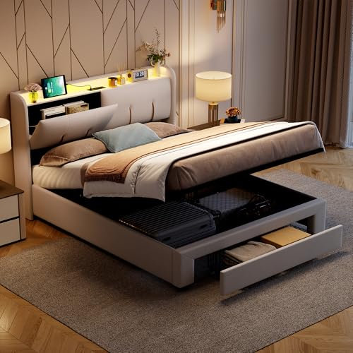 BRILVERDE Polsterbett 140x200 mit Stauraum kopfteil, Doppelbett mit LED und USB, Hydraulisch Stauraumbett mit Schubladen, Jugendbett mit Lattenrost, Samt (Beige, 140 x 200 cm)