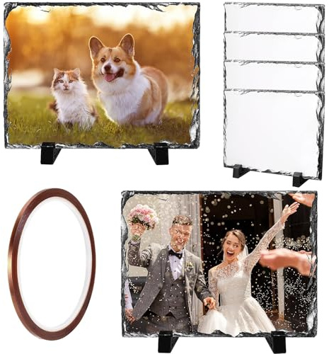 ASMIZ 6 Pack Sublimation Slate Blank 19 x 14 cm, Heat Thermal Transfer Rock Stone Photo Frame, Personalized Rectangular Picture Stone with Display Holder for DIY Desktop Souvenir Gift
