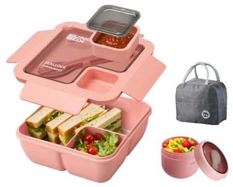 Nymblis Bento Lunch Box, Leakproof Bento Box Set (1100ml+600ml), Pink | Leakproof Lunchbox, with Compartments, Food Storage Containers, for Adults, Children, for School, Office, Picnic