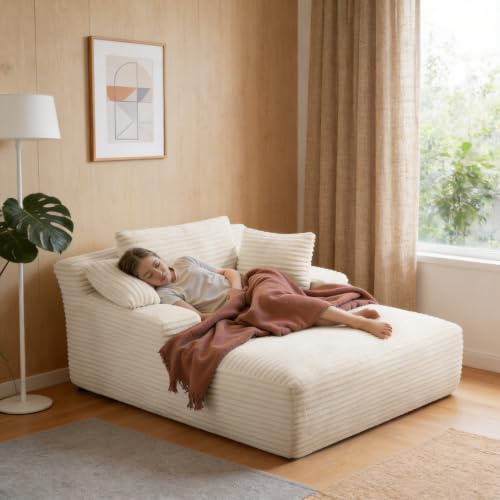 Aivermeil Boneless Sofa Cloud Sofa with Sleep Function 172cm Beige | Corduroy Fabric, Chaise Lounge, 3 Cushions, Floor Sofa, Living Room Sofa, Soft Fabric, No Assembly, 172x130x71 cm