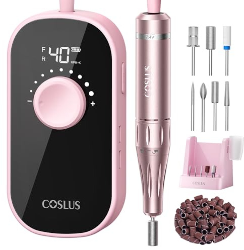 COSLUS E51 Electric Nail Drill Professional: 40000 RPM Rechargeable Nail File with Stand for Acrylic Nails, Stable & Smooth Grinding, Easy to Use, Ideal for Women Beginners, Home DIY and Salon Pink