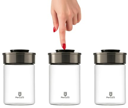 BURI Vorratsglas Vakuumglas 3er Set 1000ml | Vorratsdosen Glas mit Edelstahl Deckel & Vakuum Klick-Mechanismus | Luftdicht mottensicher stapelbar spülmaschinenfest auslaufsicher