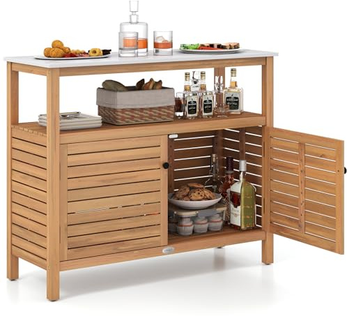 Goplus Patio Storage Cabinet, Outdoor Acacia Wood Buffet Cabinet with Marble-Like Countertop, Open Shelf & 2 Doors, Sideboard Organizer for Outdoor Kitchen, Garden, Backyard
