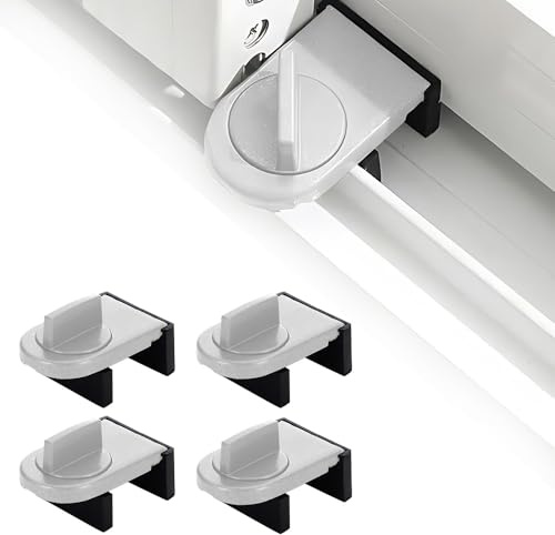 FEIHS 4 Piezas Cerradura de Ventana Corredera, Bloqueo Ventana Corredera de Puerta Ajustable, Cerraduras de Puertas Correderas, Sin Taladro Necesario, para Puertas y Ventanas Correderas (Plateado)