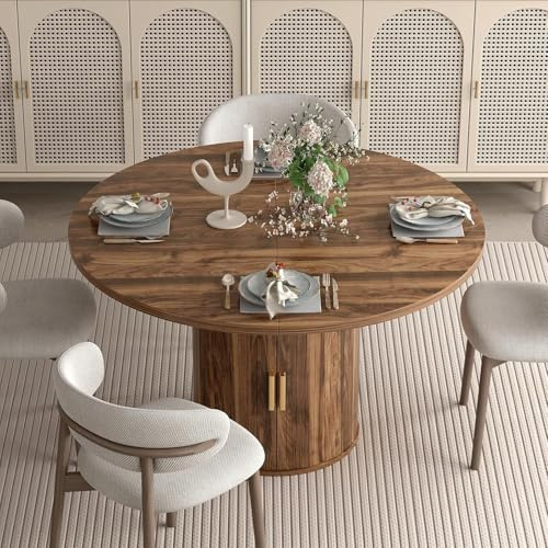LNRLZYLS Tavolo da pranzo rotondo allungabile da 110 a 150 cm, con base portaoggetti nascosta, tavolo da piedistallo in stile interamente in legno per 4-6 persone, tavolo da cucina moderno con