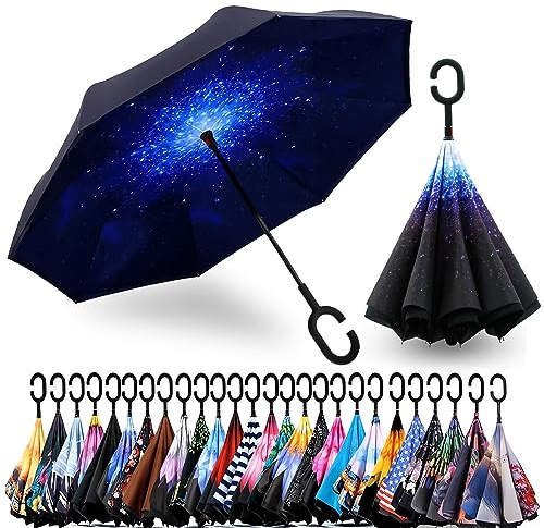 Spar. Saa Double Layer Inverted Umbrella with C-Shaped Handle, Anti-UV Waterproof Windproof Straight Umbrella for Car Rain Outdoor Use