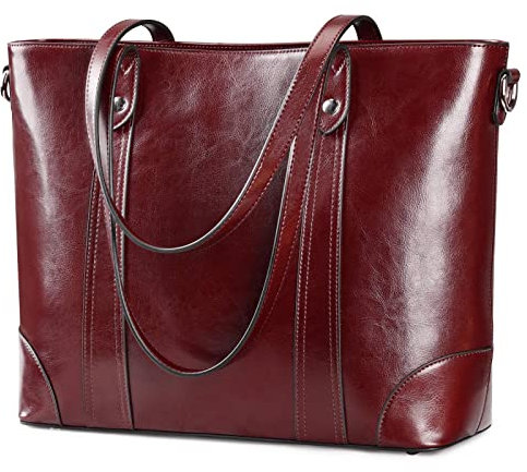 S-ZONE Damen Schultertasche 15,6 Inch Laptoptasche Große Leder Shopper Arbeitstasche Umhängetasche Handtasche mit Gepolstertem Laptopfach