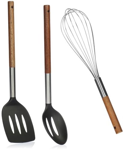 COM-FOUR® 3-teiliges Küchenhelfer-Set - Kochbesteck mit Pfannenwender, Schneebesen und Schaumlöffel - Kochutensilien mit Holzgriff