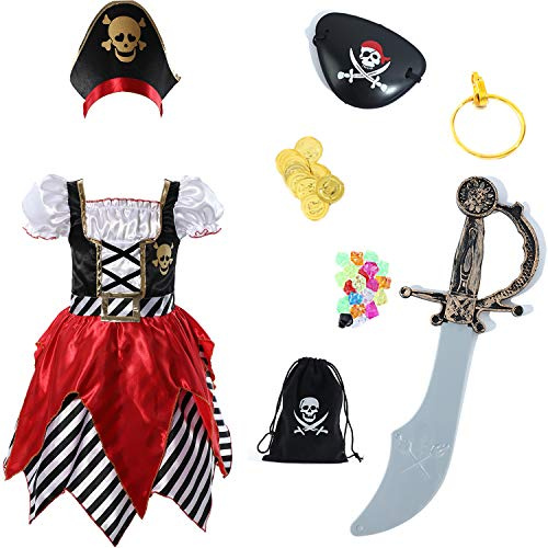 Sincere Party Costume Pirate Buccaneer Princess Deluxe Dress with Sword Pirate Bag, Eye Patch and Hat 7-8Years