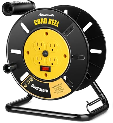 DEWENWILS Extension Cord Storage Reel with 4-Grounded Outlets, Heavy Duty Open Cord Reel for 12/3,14/3,16/3 Gauge Power Cord, Hand Wind Retractable, 13A Circuit Breaker, Yellow, ETL Listed