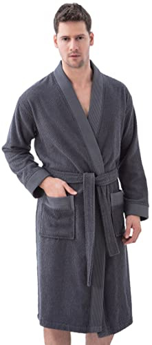 SEYANTE Organic Turkish Cotton Terry Men's Kimono Bathrobe - GOTS Certified Men's Terry Cloth Robe - Long Textured, Rice Weave Trim (X-Large, Charcoal/Kimono)