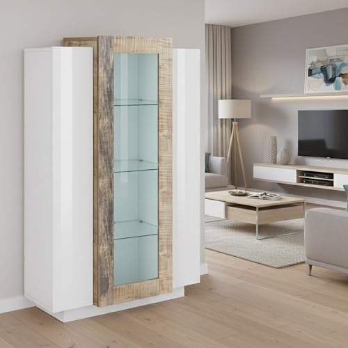 Dmora - Anzeigefenster Kevin, Sideboard mit drei Türen, Mehrzweck-Wohnzimmermöbel, 100 % Made in Italy, 80 x 38 x 121 cm, glänzendes Weiß und Ahorn,