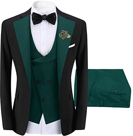 Sliktaa Abito da uomo 3 pezzi con un bottone, vestibilità aderente, formale, per matrimonio e cena, completo di giacca da smoking, gilet e pantaloni multicolore, Verde scuro, XL