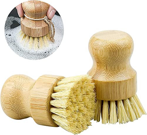 CAOMEI Champignonbürste Holz, 2 Pcs Pilzbürste Gemüsebürste Topfbürste Naturborsten, Spülbürste Runde Küchenbürste Aus Bambus Zur Reinigung Von Töpfen, Pfannen, Tellern, Besteck