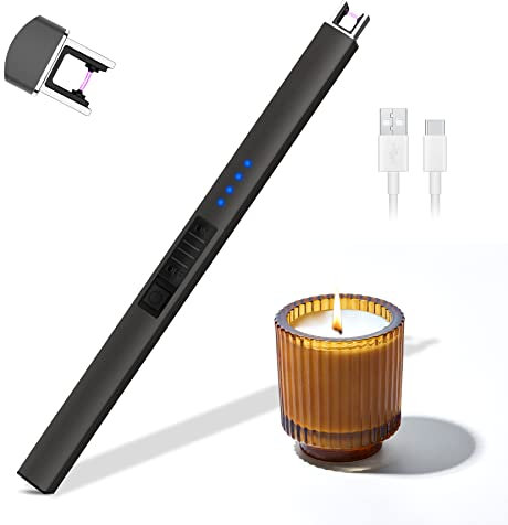 Rouclo Accendino Elettrico USB Ricaricabile, Antivento Lungo Accendigas con Indicatore della Batteria per Accendere Candele, Stufe, Stufa a Gas, Barbecue,Campeggio, Cucina (Grigio)
