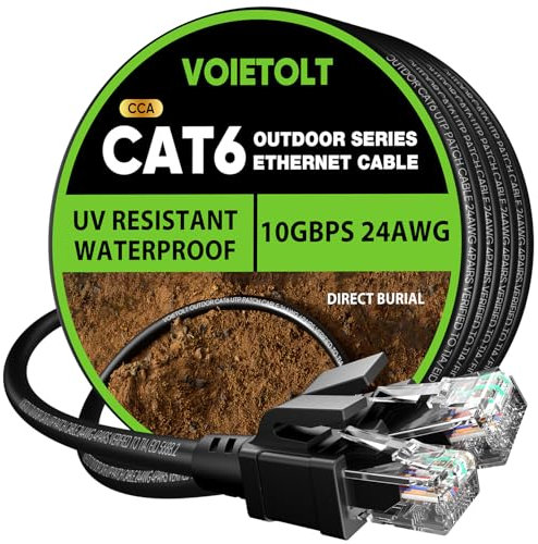 VOIETOLT Outdoor Cat 6 Ethernet Cable 20m, Water Resistant Direct Burial LLDPE UV Jacket - 24AWG 10Gbps High Speed Gigabit Internet Network Cable - CCA, UTP with 20 Ties - Black