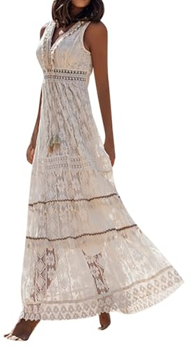 Robe d'été Femme Bohème Chic en Dentelle Robes Grande Taille Légères Lâche Robe Blanche Femme Ample Évasée de Plage Loisirs Mariage Robes Mi Longue A-Ligne Chic et Elegant Dress Longue Ete Boheme