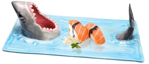 Hai-sushitallrik – keramisk sushitallrik | kreativt serveringsfat i hajform | servis i hungry-hajdesign | rektangulär ostbräda för matbord, för servering i köket, dekoration etc.