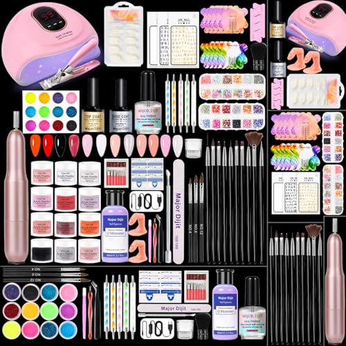 Major Dijit Acryl Nagelset mit Nagellampe, 12 Farben Acryl Pulver Acryl flüssig Top Coat Base Coat Nail Primer und elektrische Nagelbohrer für Gel Nagel Kit, DIY Nail Art Tool