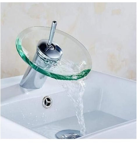 Robinet de salle de bain cascade en verre, mitigeur chromé à poignée unique avec disque en verre trempé, robinet de lavabo moderne for eau chaude et froide(12cm)
