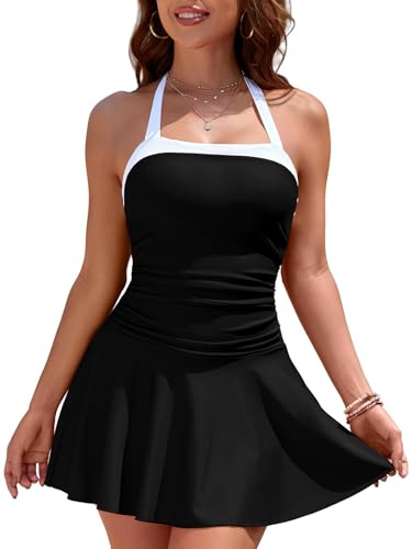 SHEKINI Ladies Swimming Costumes Halter Neck One Piece Swim Dress