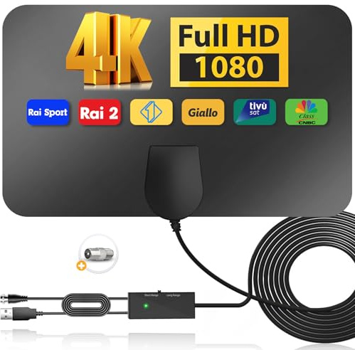 Antenna TV Interna Digitale Terrestre, Supporto DVB-T/T2, Antenne da Interno Amplificata Potente per Smart TV 4K, Canali Rai/Mediaset, con Segnale Booster, Cavo 5m e Connettore F Maschio - Nero