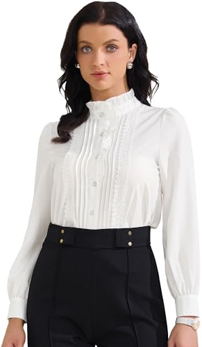 Allegra K Women's Ruffled Button Down Shirts Trendy Casual Long Sleeve Blouse Elegant Work Tops Small White