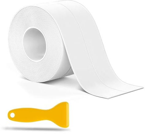 BLISSIQUEE Bande d'étanchéité auto-adhésive pour baignoire 5 m x 5 cm, ruban d'étanchéité en PVC imperméable pour salle de bain, cuisine, toilettes, coins muraux – Adhésif puissant, flexible, étanche