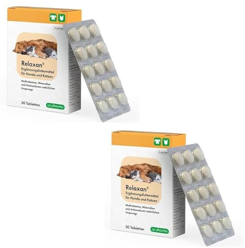 cp-pharma Relaxan | Dubbelpack | 2 x 30 tabletter | Tilläggsfoder för hundar och katter | multivitaminer, mineraler och aminosyror | Stöd i stresssituationer