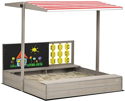 Outsunny Bac à Sable carré en Bois pour Enfants avec bancs, Toit Ajustable, Tableau et Jeux 114 x 113 x 110 cm Gris