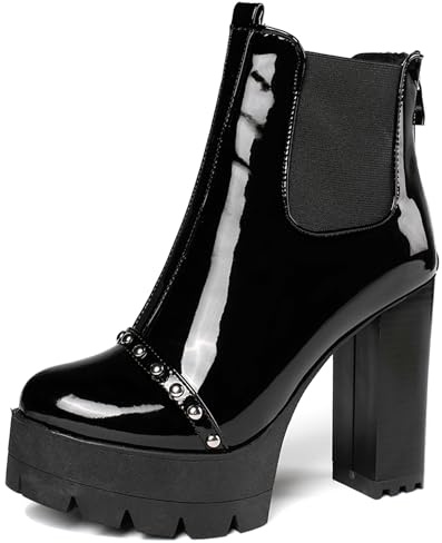 LarDorLin Mujer Punta Rojoonda Tacón Ancho Plataforma Botas Cortas con Hebilla Invierno Moda Chunky Chelsea Zip Botín Negro-Charol Talla 36 EU