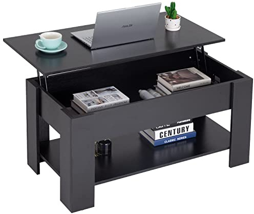 FDW Coffee Table with Lift Tabletop Hidden Compartment and Storage Shelf Wooden Lift Top Coffee Table for Home Living Room Reception Room Office,Black