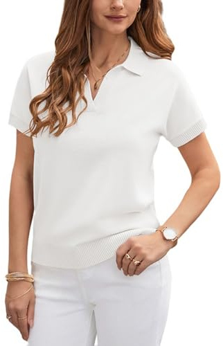 GRACE KARIN Women's Jumper Short Sleeve V Neck Polo Knit Shirts Tops | Straight”H” silhouette,Short raglan sleeves,Lapel collar,V-Neck,Well Elastic