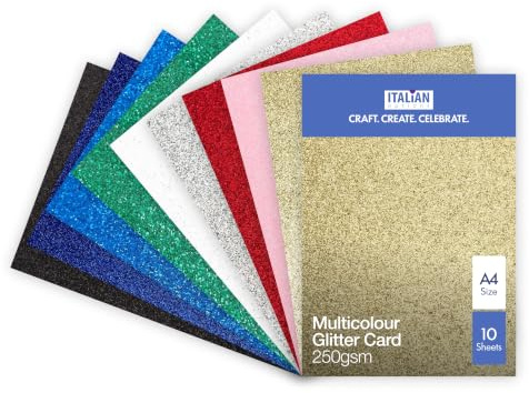 Italian Options Non-Shed Glitter Cardstock Paper 10 Colours, 10-Pack, Strong Glitter Card for Electronic Die-Cutter Machines, Card Making Craft Supplies, 10 Coloured Sheets, A4 Craft Paper, 250gsm