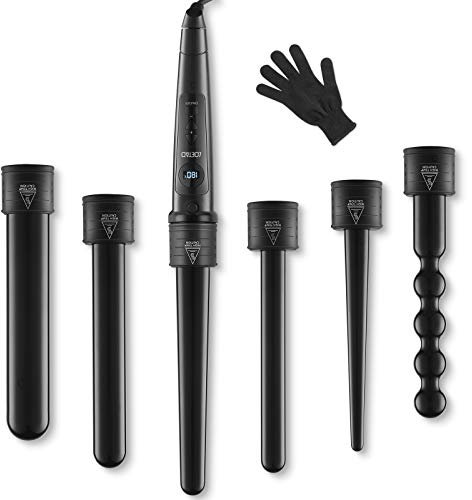LOETAD Lockenstab Set 6 in 1 Curling Iron Multifunktions Austauschbare Keramikbeschichtung Lockenwickler mit LED Anzeige, Schwarz, 980 g