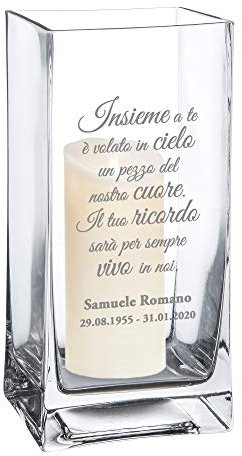 Casa Vivente Vaso da Fiori in Vetro con Incisione per Defunti Personalizzabile con Nome e Data, Ricordo Sempre Vivo, Articoli Funerari, Accessori Cimiteriali