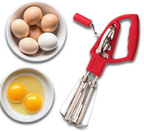 Rotary Egg Beater Manual Hand Crank Mixer - Stainless Steel Hand Mixer with Double Rotating Heads for Easy Beating, Blending, and Whipping - Dishwasher Safe Kitchen Gadgets by Kings County Tools (Red)