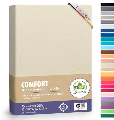 leevitex® Premium Spannbettlaken 90x200-100x220 cm - 40 cm Steg - auch für Boxspringbett & Wasserbett | 100% Mako-Jersey-Baumwolle | ÖKO-TEX | 170g/m² | Creme/Naturweiß