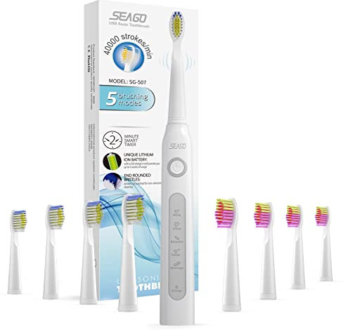 Seago Rechargeable Ultrasonic Toothbrush, Electric Toothbrushes Adults with 8 Brush Heads, Once Full Charge Lasts for 30 Days, Electric Toothbrush with Timer,White