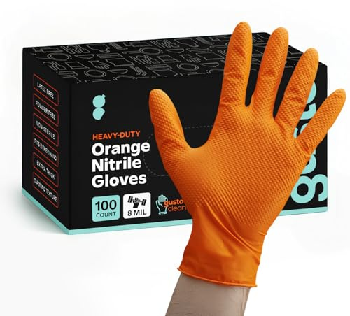 GUSTO [100 Count 8 Mil Disposable Orange Nitrile Gloves HEAVY DUTY, Industrial, Diamond Texture - X-Large - (Formerly Comfy Package)