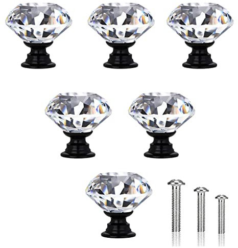 FAINCA 6 Stück Möbelknöpfe, Kristall Schubladenknöpfe, Moderne Mode Kommodenknöpfe, Kristallklarer Türknauf, 30mm Zinklegierung Kristallglas Griffe, mit Schrauben in 3 Größen (Schwarz)