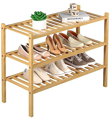 ROMGUAR CRAFT 3 Tier Bamboo Shoe Rack for Closet Free Standing Wood Shoe Shelf Storage Organizer for Entryway Small Space Stackable 27x11x20 (Natural)