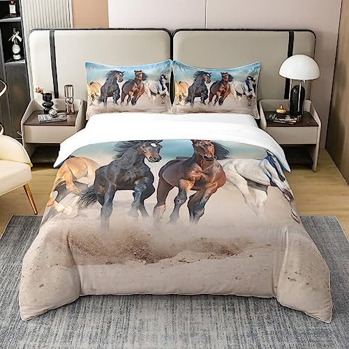 Horse Bedding 100% Cotton Set Super King Zipper Six Running Wild Horses 100% Cotton Duvet Cover Toddler 3 Piece Farm Animal Ultra Soft Warmth Breathable Quilted Duvet Set for Home Decoration