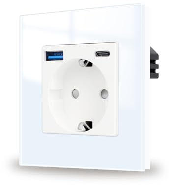 JIMEIDA Steckdose Glas mit USB 20W Schnelles Laden in Weiß Unterputz,1 Fach 16Amp Steckdosen mit USB A und Type C,86 * 86mm,250V