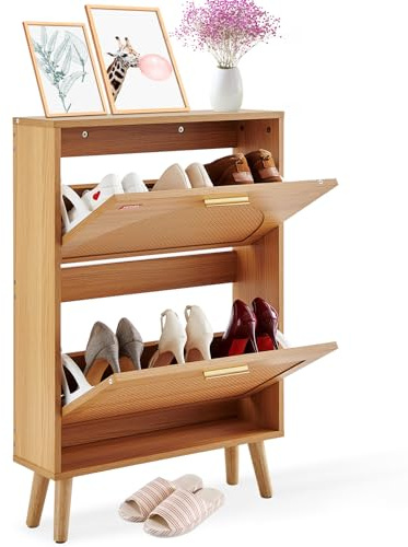 VEVOR Schuhschrank Schmal, Schuhregal Holzfarbe, 600 x 168 x 877 mm Schuhkipper mit 2 Klappen + oberem Staufach, Schuhkommode 36,28 kg Tragfähigkeit, Aufbewahrungsschrank Schuh Massivholz für Flur