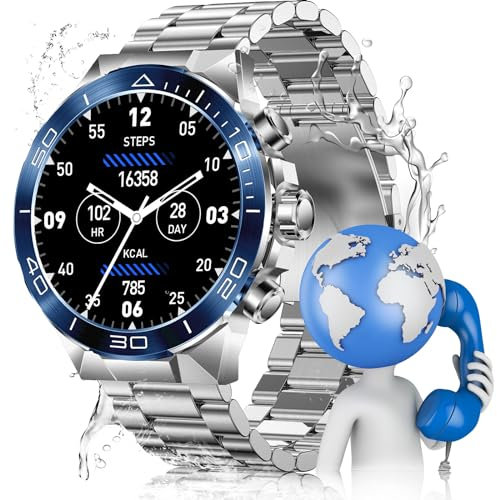 MiracDan Smartwatch Herren Militär rund mit Metallband, Fitnessuhr 1.43 AMOLED Stahl Gear Smart Watch, Stahlgera Sportuhren 100+ Sportmodi IP68 mit Telefonfunktion 400mah für Android