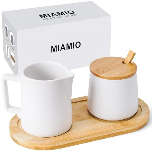MIAMIO - Juego para servir crema y azúcar con tapa y cuchara/Accesorios de cerámica para el rincón del café - Apto para microondas y lavavajillas. (Blanco)