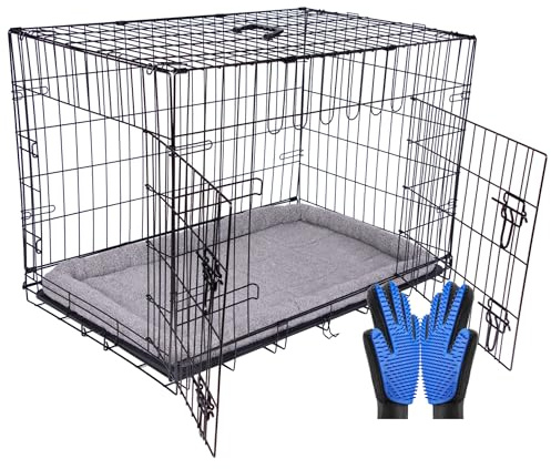 Pretty Pooch Dog Crate Cage Puppy Cat Pet Training Carrier Metal Folding with Tray Double Door and Bed With Two Grooming Gloves (Medium 36 Inch)