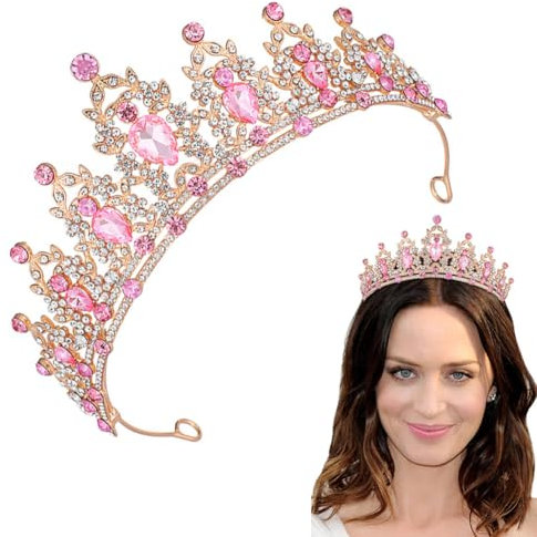 MEZHEN Kristallkrone Tiara Krone Damen Strass Krone Mädchen Braut Haarschmuck Diadem Hochzeit Kopfschmuck für Geburtstags Bankett Party Geschenk Brautschmuck Rosa